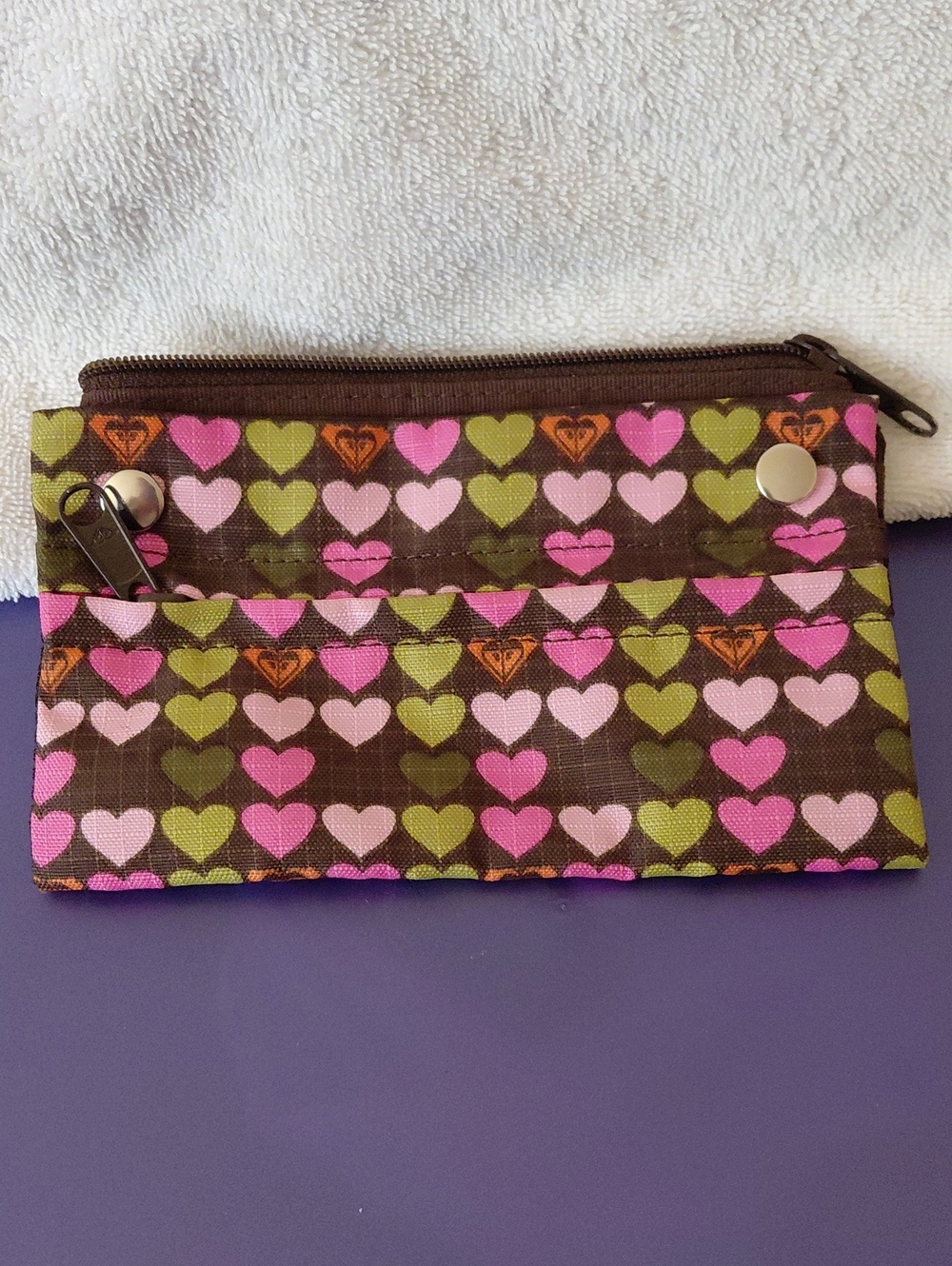 Roxy Brown Wallet Pouch with Pink and Green Heart Print